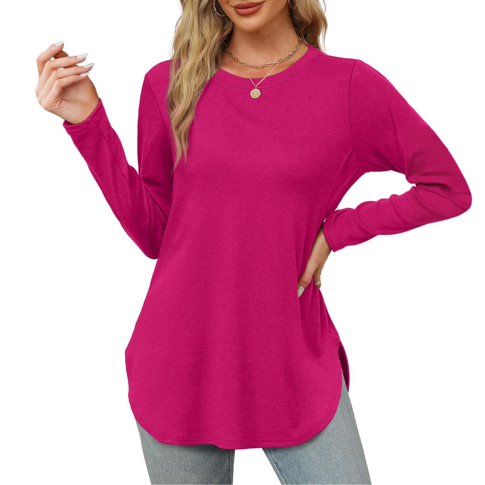 Damen Langarmshirt mit Rundhalsausschnitt, seitlicher Schlitz, Basic, lockere Tunika-Oberteile, Freizeithemden XL heißes rosa von Joom DACH