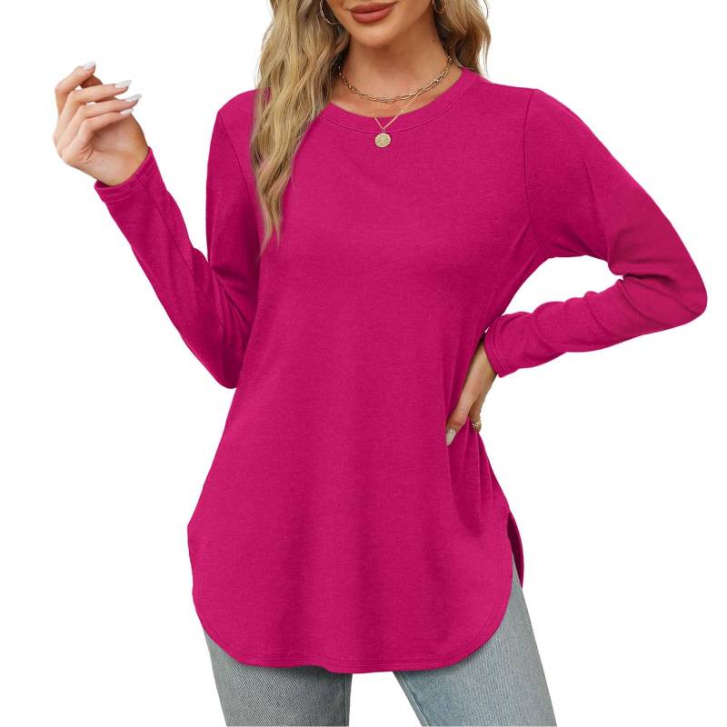 Damen Langarmshirt mit Rundhalsausschnitt, seitlicher Schlitz, Basic, lockere Tunika-Oberteile, Freizeithemden XL heißes rosa von Joom DACH