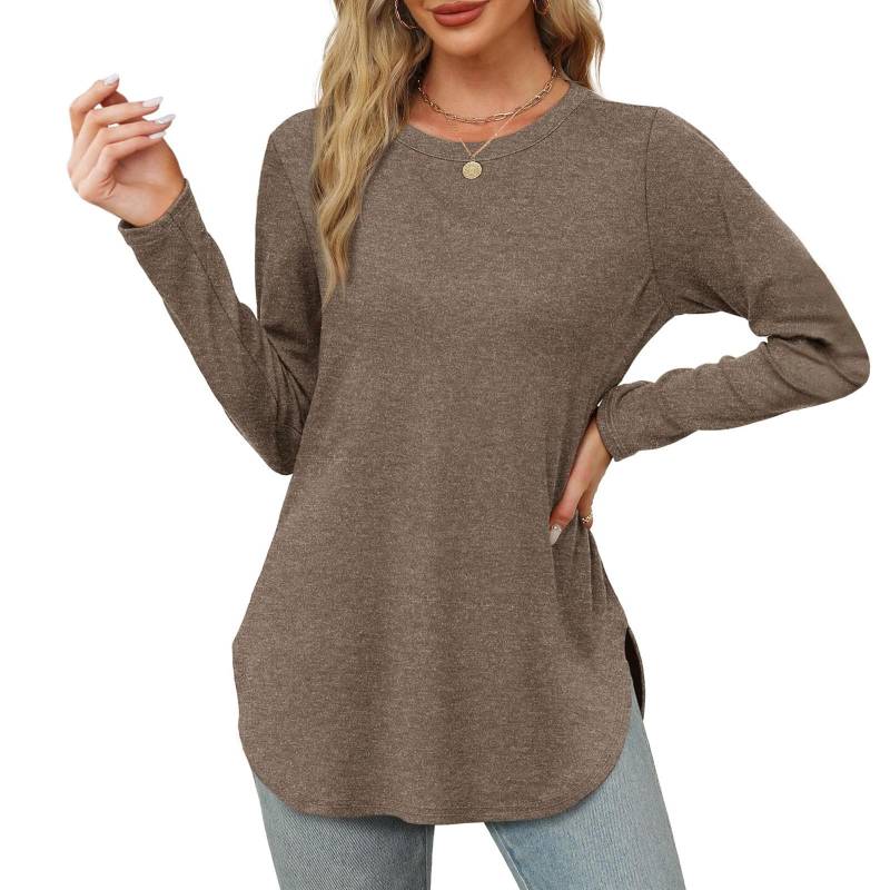 Damen Langarmshirt mit Rundhalsausschnitt, seitlicher Schlitz, Basic, lockere Tunika-Oberteile, Freizeithemden XXXL kamelfarben von Joom DACH