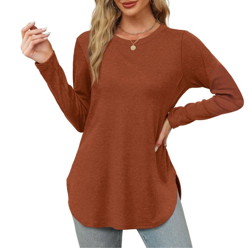 Damen Langarmshirt mit Rundhalsausschnitt, seitlicher Schlitz, Basic, lockere Tunika-Oberteile, Freizeithemden XXXL kaffeebraun von Joom DACH