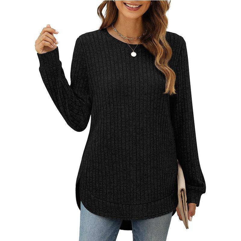 Damen Langarmshirts Übergröße Rundhalspullover Einfarbig Seitlich Geteilter Pullover T-Shirt Tunika Shirt XL schwarz von Joom DACH