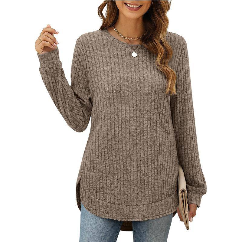 Damen Langarmshirts Übergröße Rundhalspullover Einfarbig Seitlich Geteilter Pullover T-Shirt Tunika Shirt XXL dunkelbraune von Joom DACH