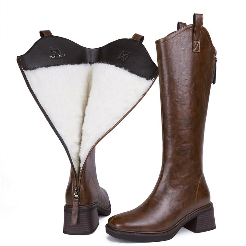 Damen Lange Stiefel Britischer Stil Echtes Leder Damen Hohe Stiefel Naturwolle Western Cowboystiefel Damen 37 von Joom DACH