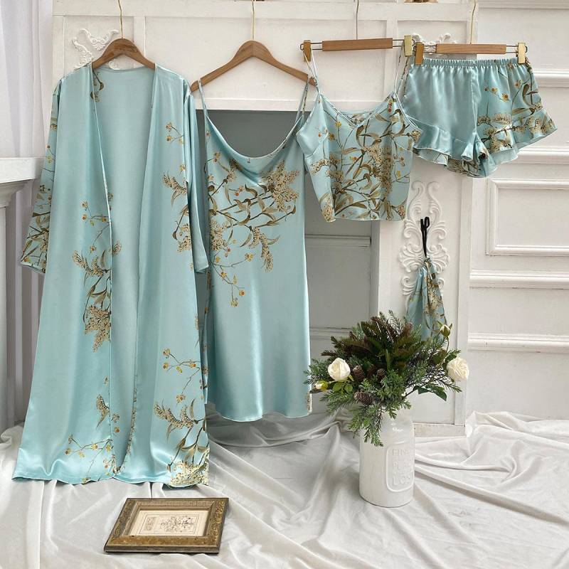 Damen Langer Bademantel Set Seide Frühling Herbst Blumendruck Damen Morgenmantel 4-teiliges Set Nachthemd Sommer Satin Pyjama XL von Joom DACH