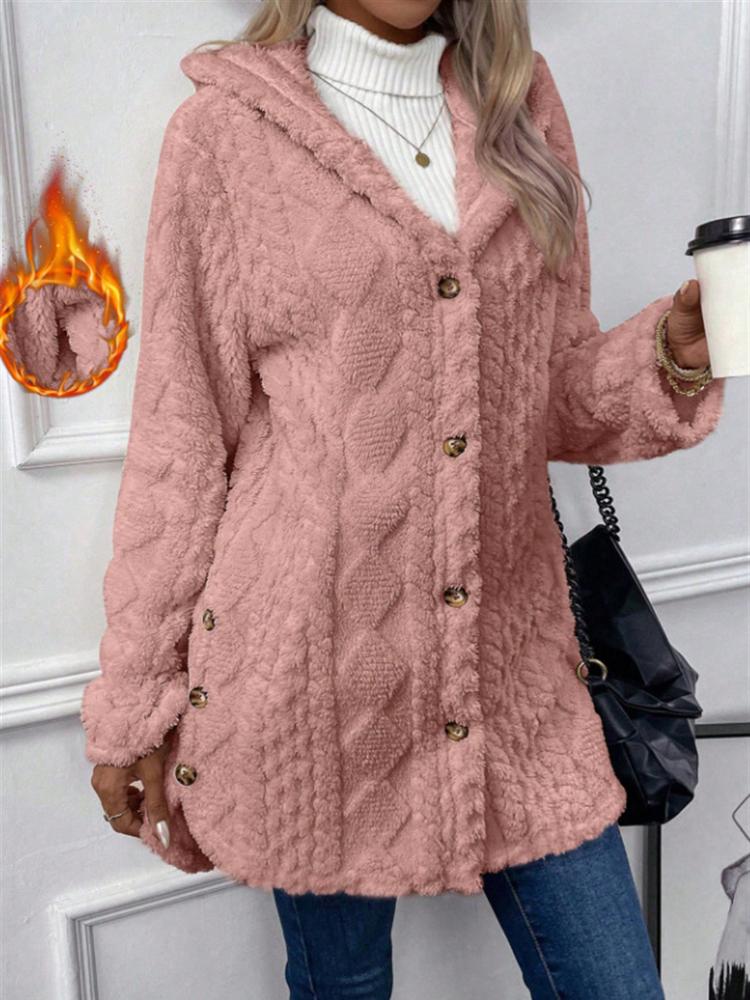 Damen Langer Fleece-Mantel mit Kapuze in Beige, Rosa und Grau, Weiche Plüsch-Oberbekleidung mit Vordertaschen, Locker geschnittene Lässige Winterjacke S von Joom DACH