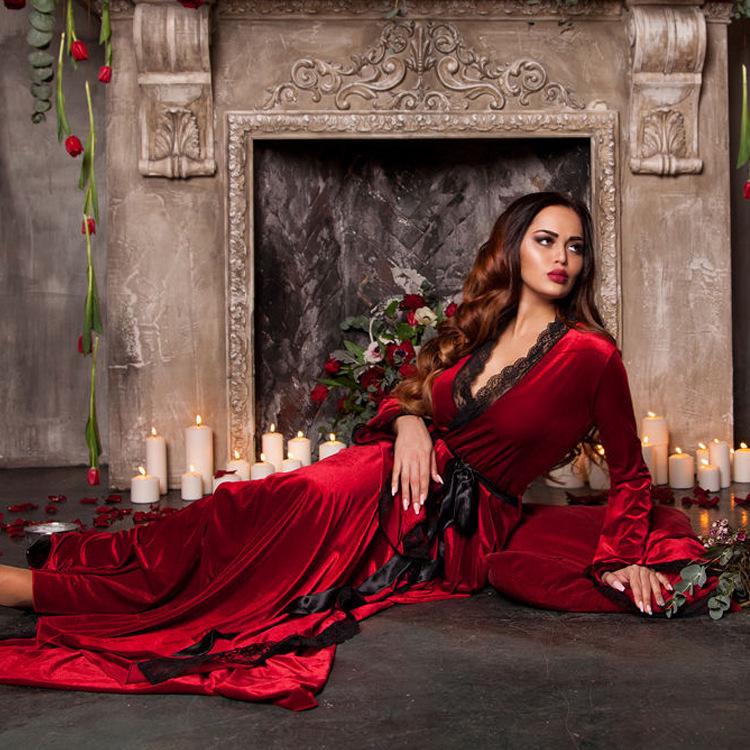 Damen Langer Goldener Samt Nachthemd und Morgenmantel Set – Übergröße, Herbst/Winter One Size (up to 145 jin) von Joom DACH