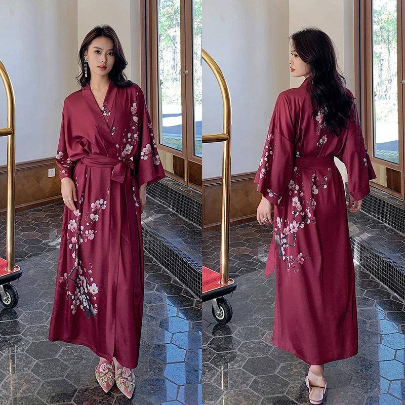 Damen Langer Morgenmantel in Übergröße mit Blumenmuster, Kimono-Bademantel, Loungewear, Frühling/Sommer, lockeres, lässiges Satin-Hauskleid One size von Joom DACH