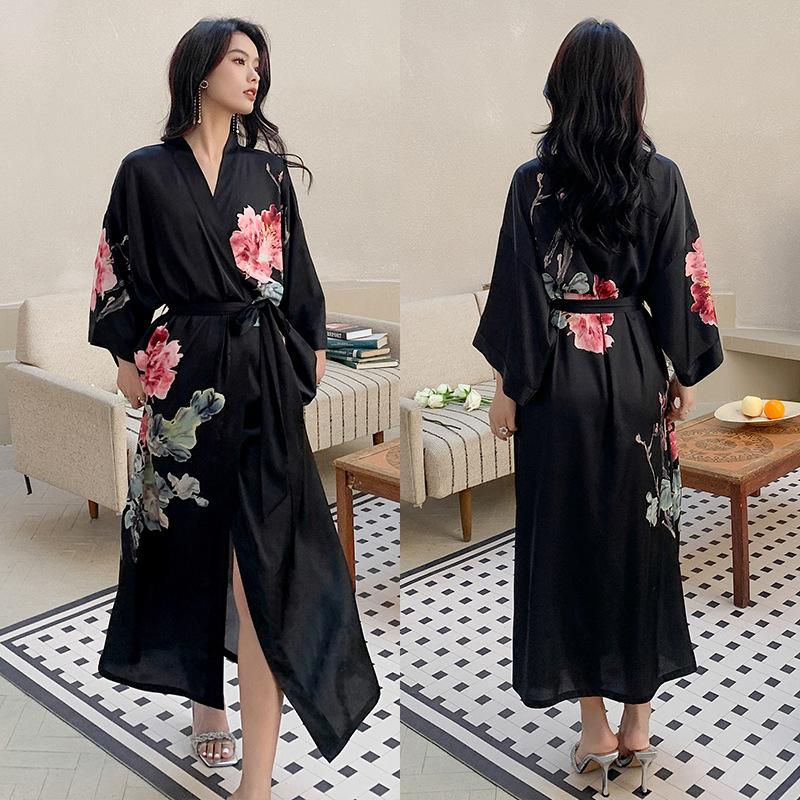 Damen Langer Morgenmantel in Übergröße mit Blumenmuster, Kimono-Bademantel, Loungewear, Frühling/Sommer, lockeres, lässiges Satin-Hauskleid One size von Joom DACH
