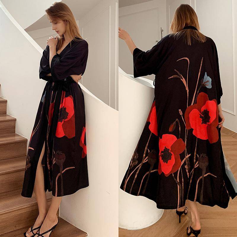 Damen Langer Morgenmantel in Übergröße mit Blumenmuster, Kimono-Bademantel, Loungewear, Frühling/Sommer, lockeres, lässiges Satin-Hauskleid One size von Joom DACH
