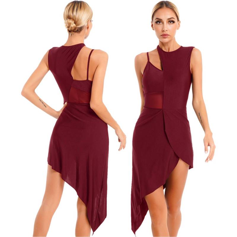 Damen-Latein-Ballsaal-Tanzkleid, Patchwork, ärmellos, asymmetrischer Saum, lyrische Bühnentanzkleidung XL bordeaux von Joom DACH