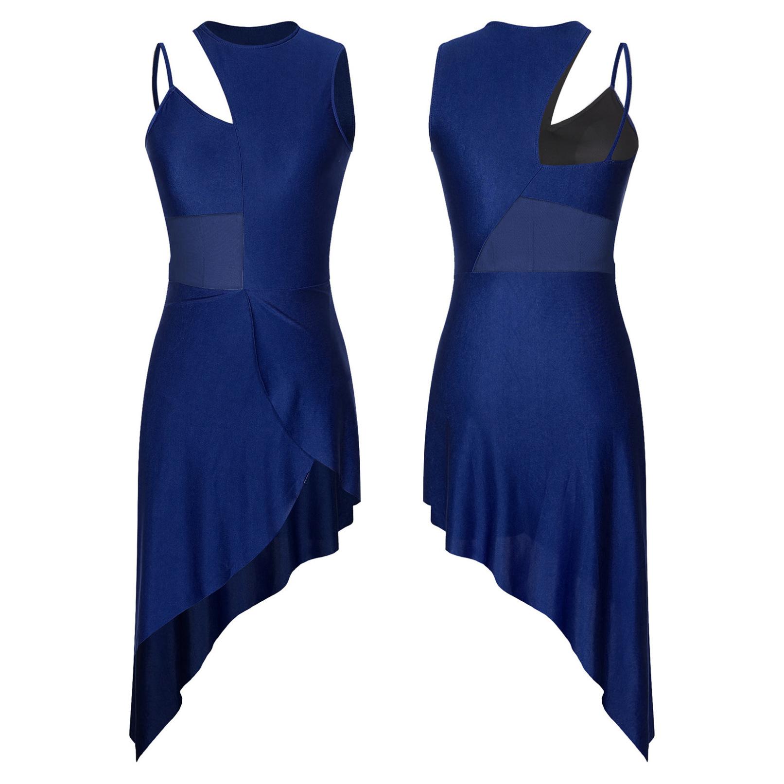Damen-Latein-Ballsaal-Tanzkleid, Patchwork, ärmellos, asymmetrischer Saum, lyrische Bühnentanzkleidung XL navy blau von Joom DACH