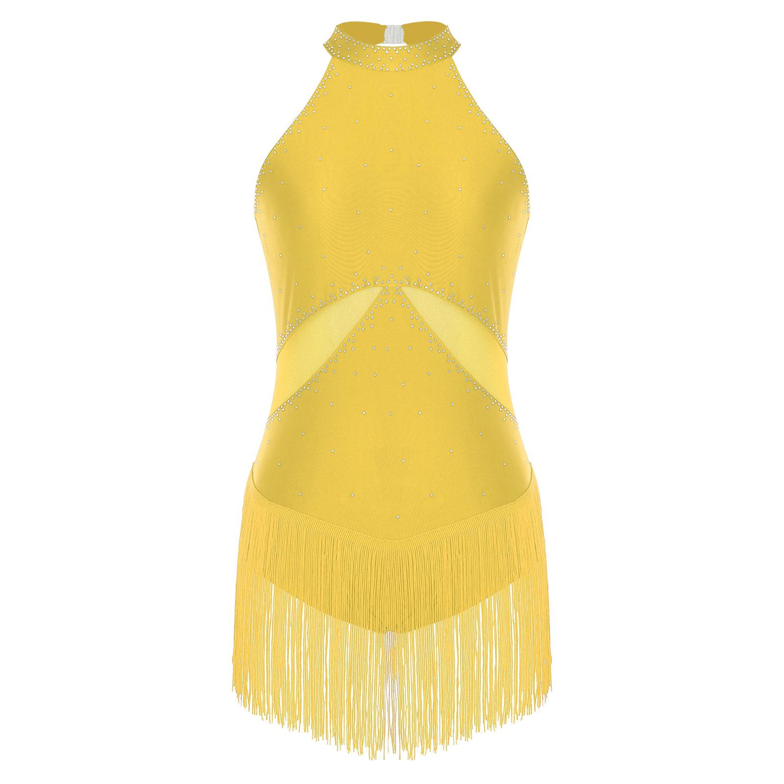 Damen Latein Chacha Tanzkostüm Glitzernde Strassquasten Mesh Patchwork Rücken Ausgeschnitten Body Performance Trikot L gelb von Joom DACH