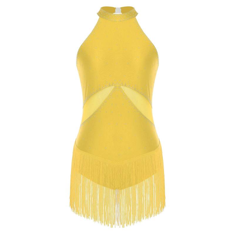 Damen Latein Chacha Tanzkostüm Glitzernde Strassquasten Mesh Patchwork Rücken Ausgeschnitten Body Performance Trikot L gelb von Joom DACH
