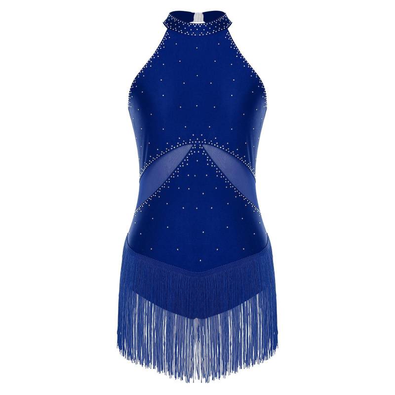 Damen Latein Chacha Tanzkostüm Glitzernde Strassquasten Mesh Patchwork Rücken Ausgeschnitten Body Performance Trikot S navy blau von Joom DACH