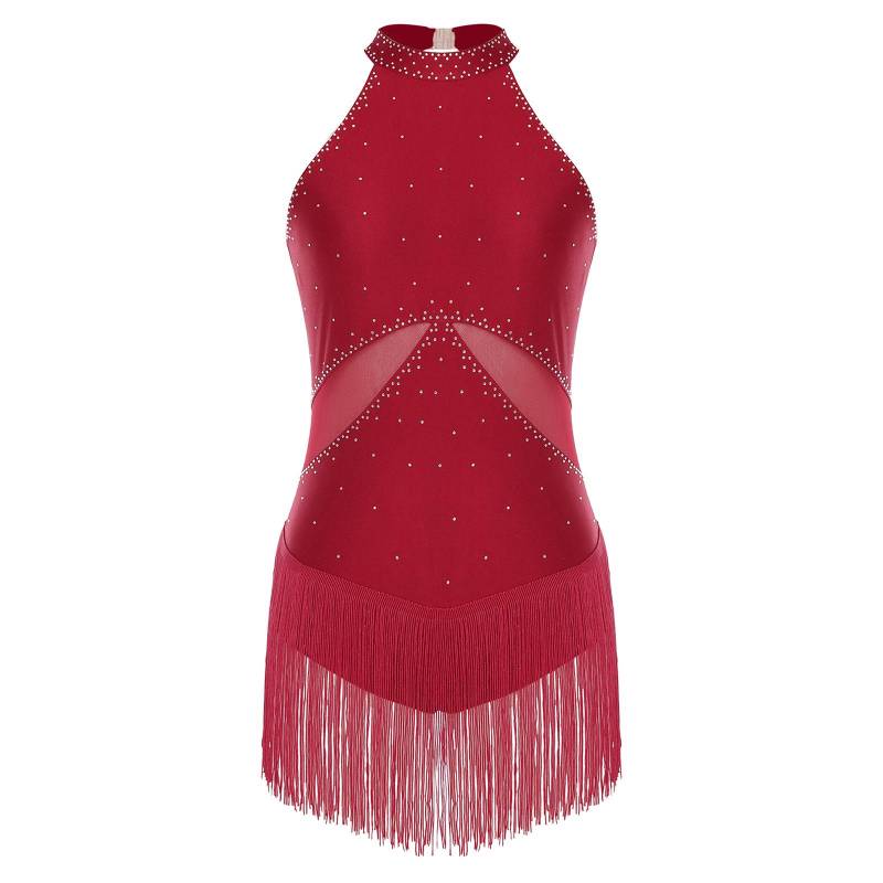 Damen Latein Chacha Tanzkostüm Glitzernde Strassquasten Mesh Patchwork Rücken Ausgeschnitten Body Performance Trikot S von Joom DACH
