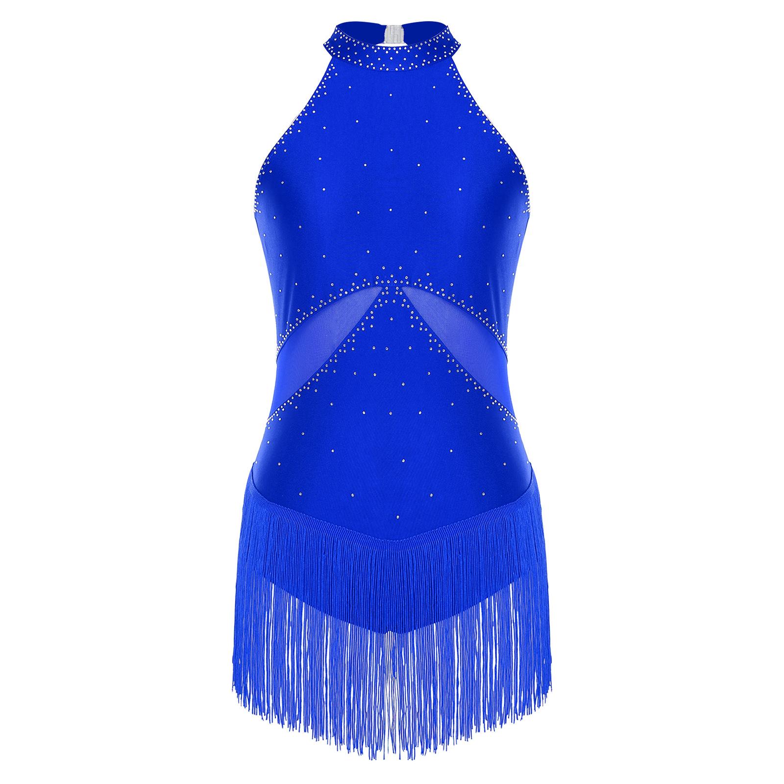 Damen Latein Chacha Tanzkostüm Glitzernde Strassquasten Mesh Patchwork Rücken Ausgeschnitten Body Performance Trikot S königsblau von Joom DACH