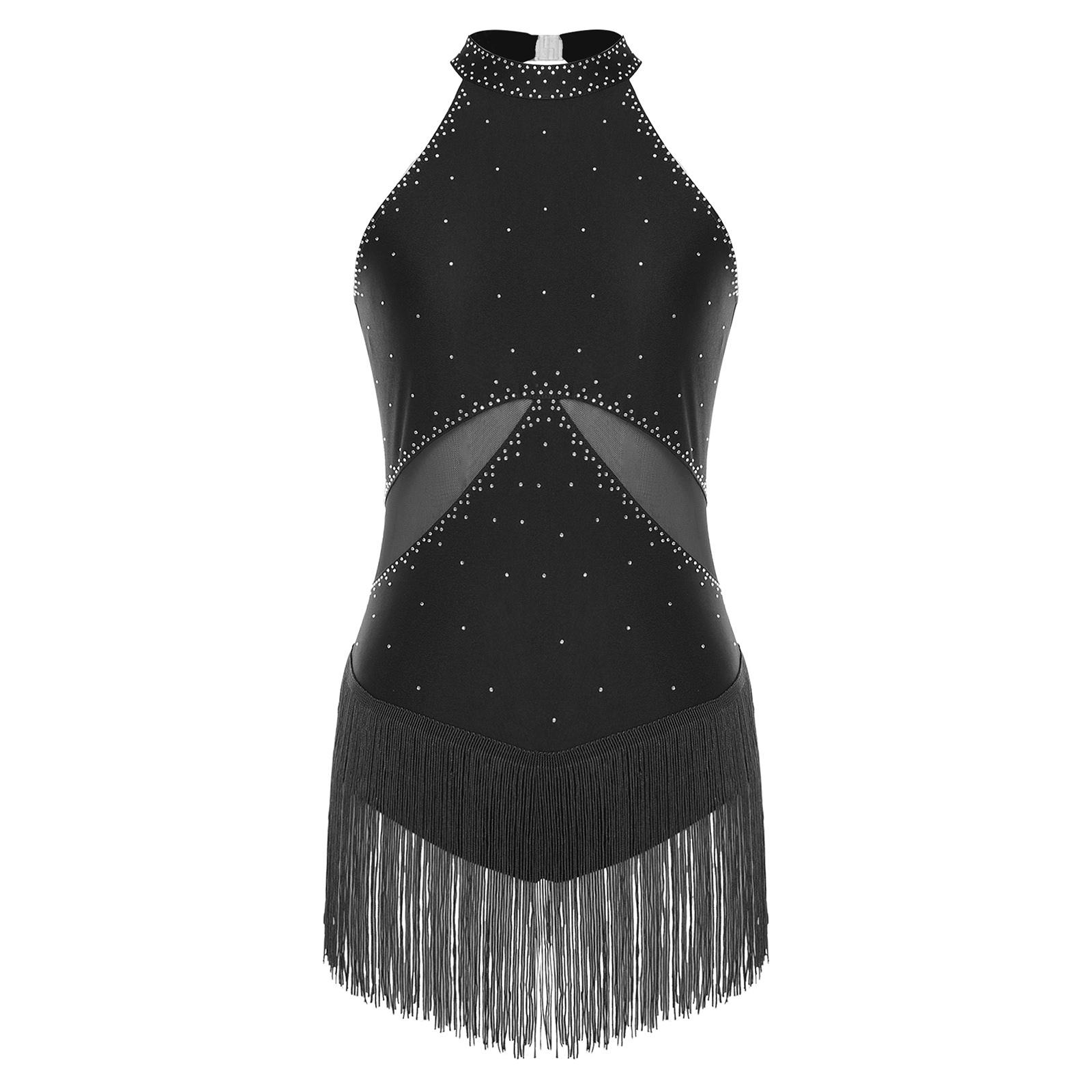 Damen Latein Chacha Tanzkostüm Glitzernde Strassquasten Mesh Patchwork Rücken Ausgeschnitten Body Performance Trikot XL schwarz von Joom DACH