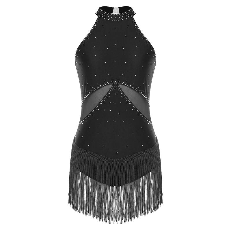 Damen Latein Chacha Tanzkostüm Glitzernde Strassquasten Mesh Patchwork Rücken Ausgeschnitten Body Performance Trikot XL schwarz von Joom DACH