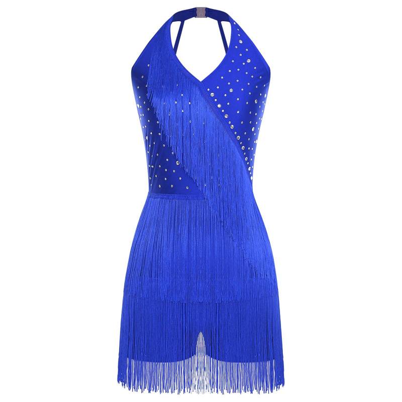 Damen Latein Tanz Jumpsuit Neckholder Ärmellos Glitzernde Strasssteine Mehrlagige Fransen Riemchen Rücken Body Tango Salsa Kostüm 3XL blau von Joom DACH