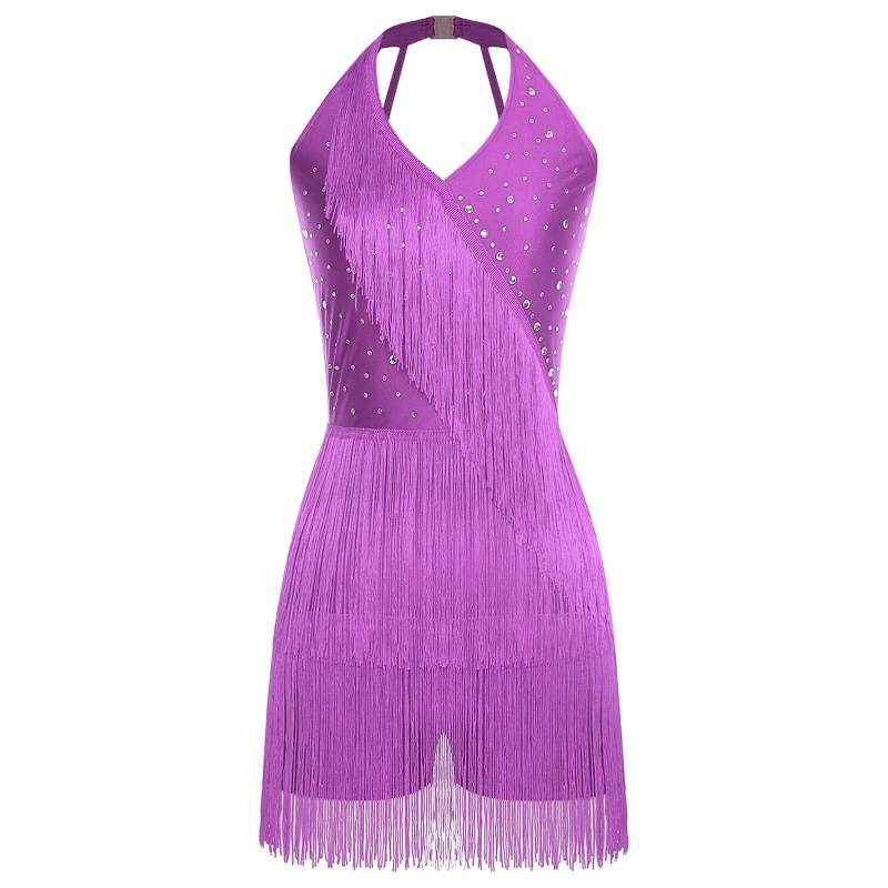 Damen Latein Tanz Jumpsuit Neckholder Ärmellos Glitzernde Strasssteine Mehrlagige Fransen Riemchen Rücken Body Tango Salsa Kostüm M violett von Joom DACH
