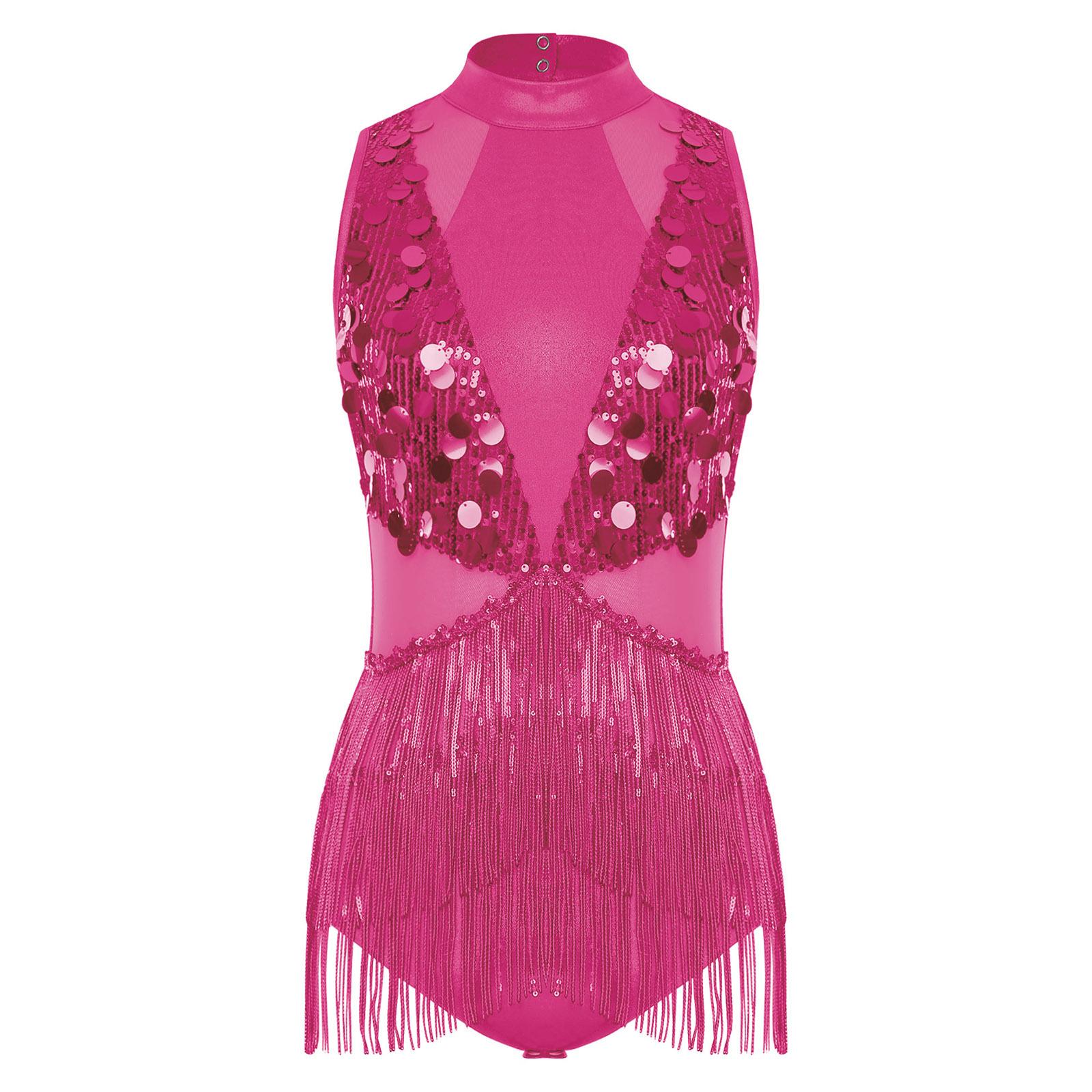 Damen Latein Tanz Trikot Pailletten Quasten Design Ärmellos Rückenausschnitt Metallic Glänzend Patchwork Body M von Joom DACH