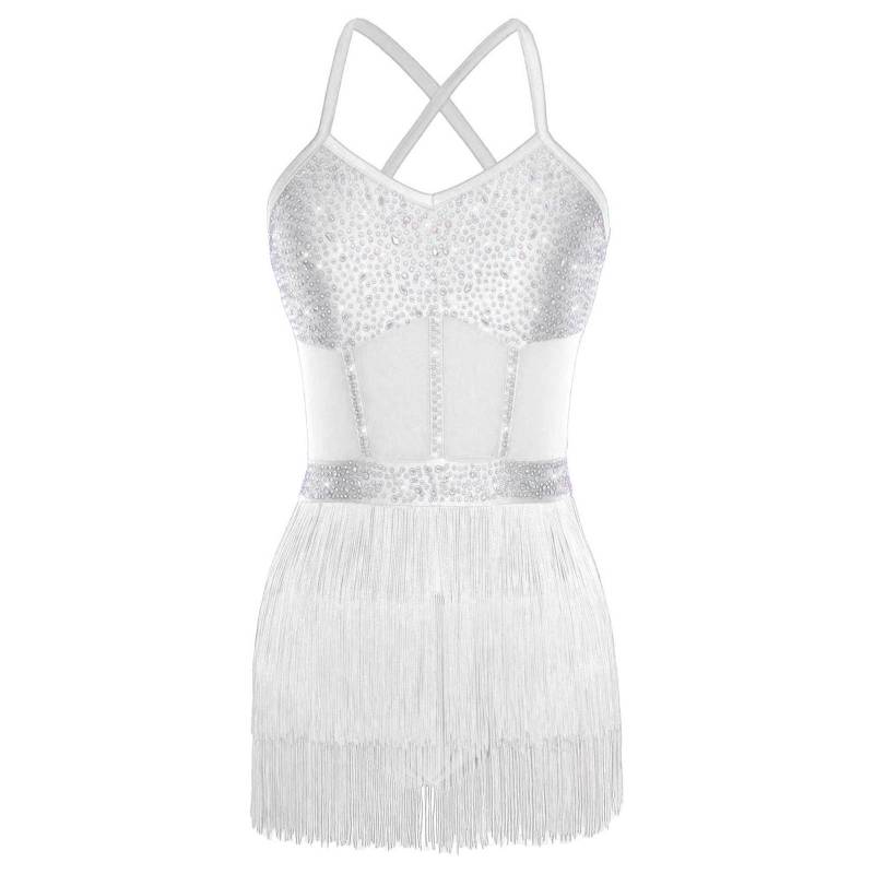 Damen Latein Tanzkleid Transparentes Netz Patchwork Strass Stufenfransen Einteiliger Body L weiß von Joom DACH