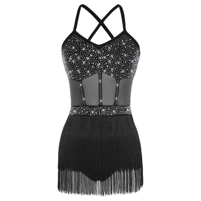 Damen Latein Tanzkleid Transparentes Netz Patchwork Strass Stufenfransen Einteiliger Body L schwarz von Joom DACH