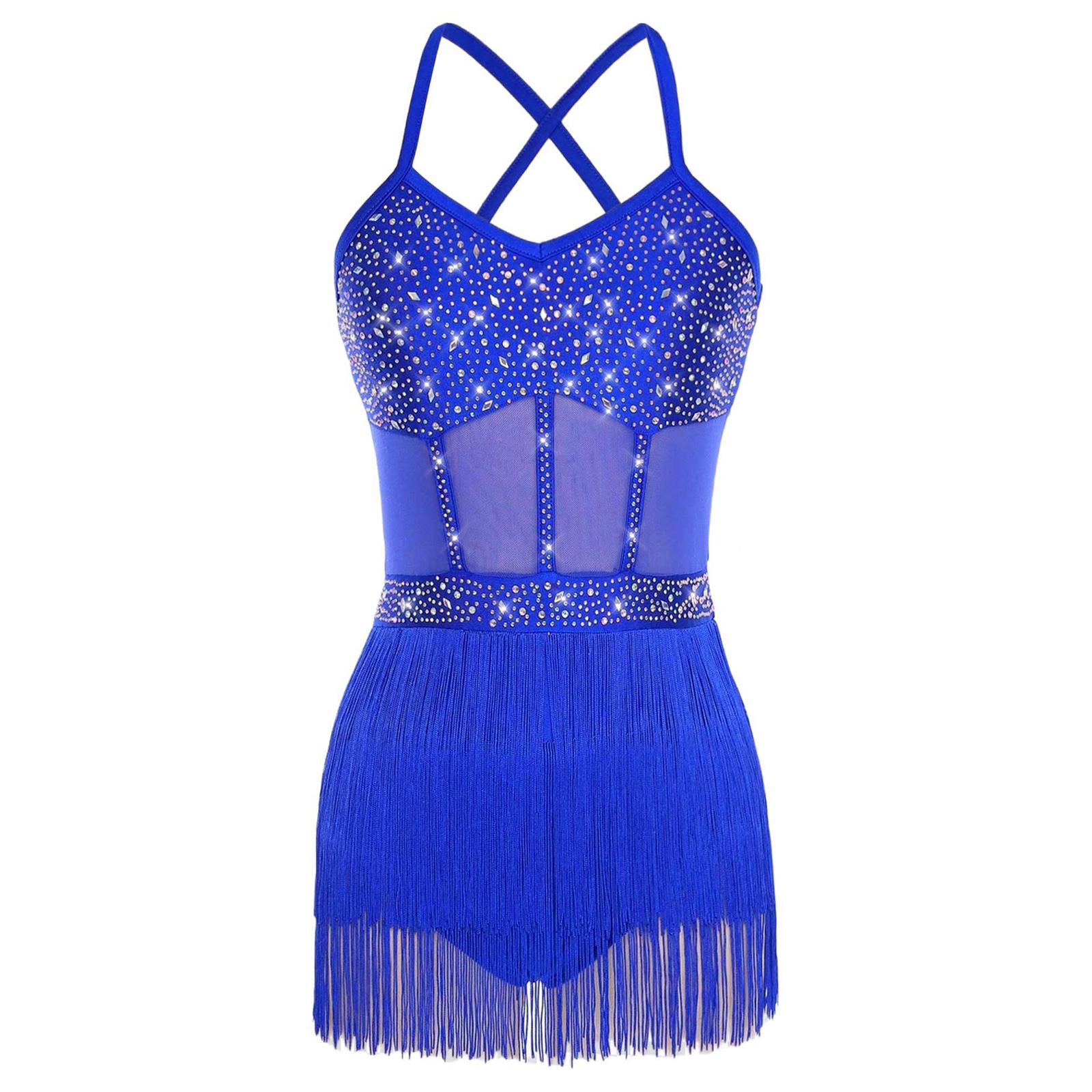 Damen Latein Tanzkleid Transparentes Netz Patchwork Strass Stufenfransen Einteiliger Body M von Joom DACH