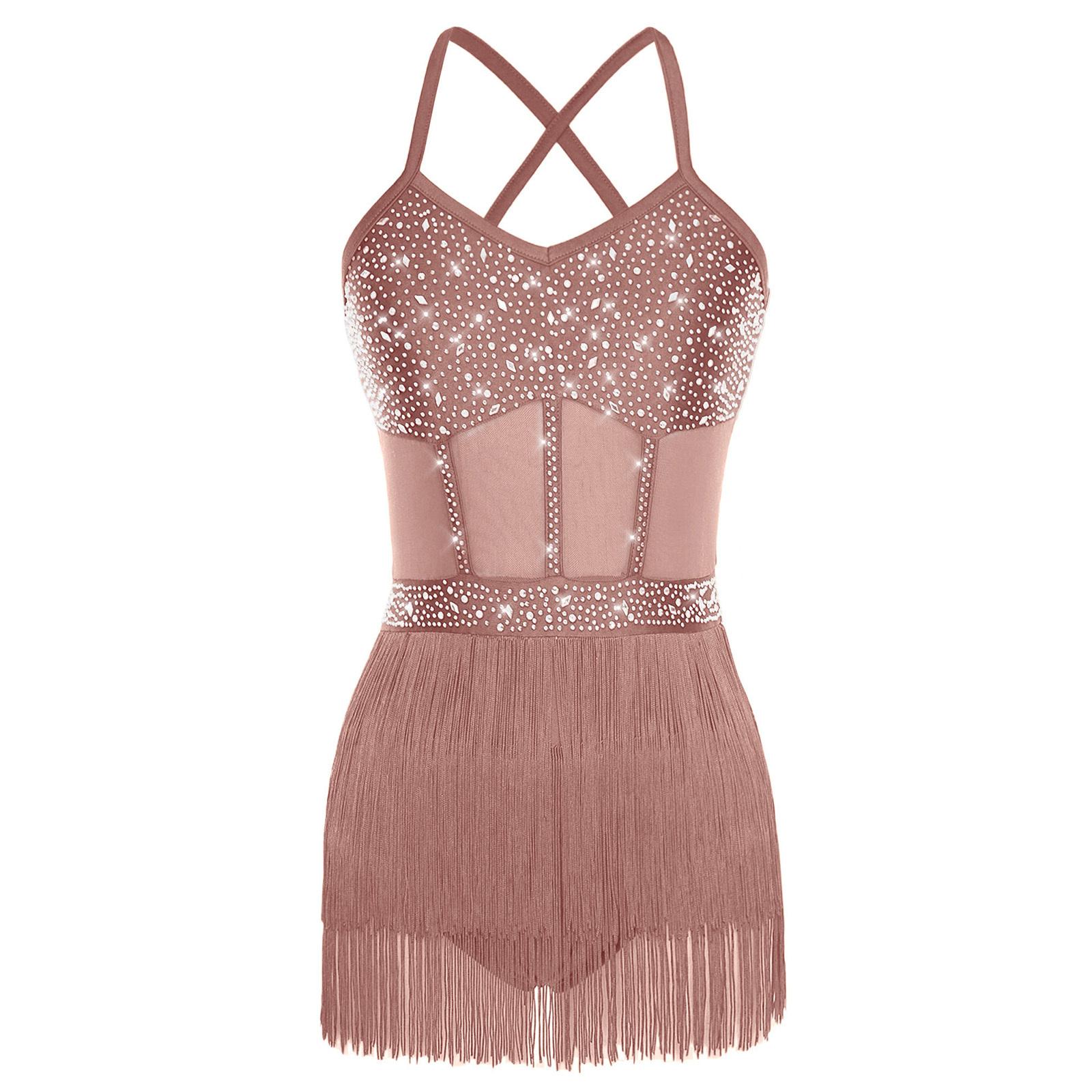 Damen Latein Tanzkleid Transparentes Netz Patchwork Strass Stufenfransen Einteiliger Body M braun von Joom DACH