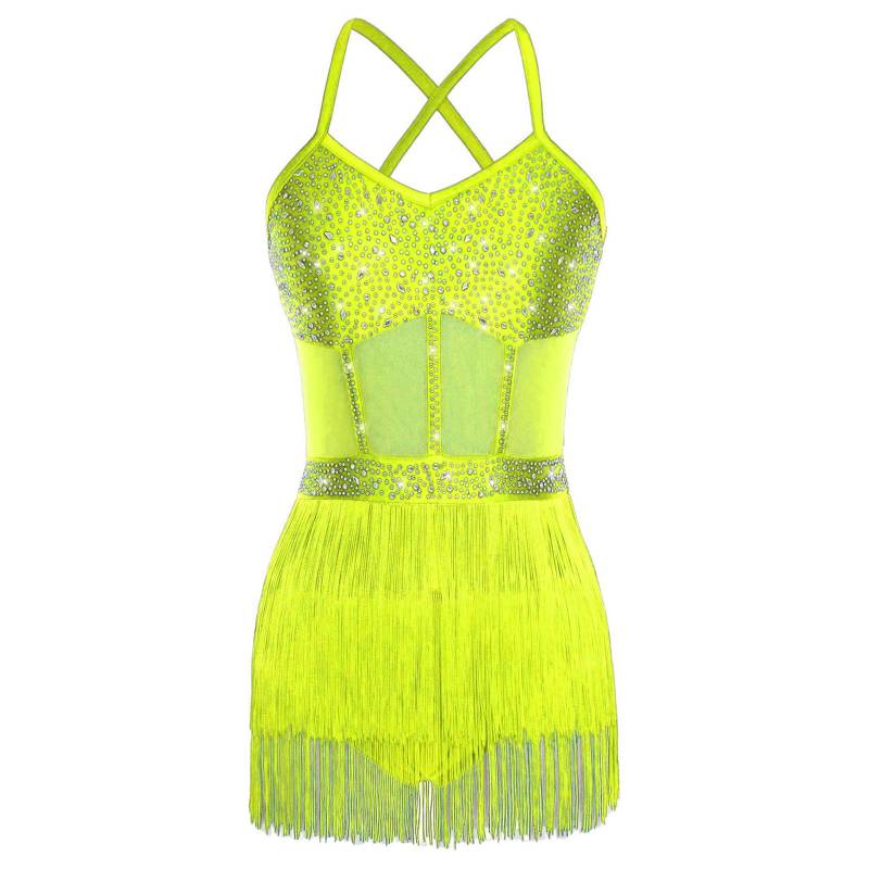 Damen Latein Tanzkleid Transparentes Netz Patchwork Strass Stufenfransen Einteiliger Body M fluoreszierende gelbe von Joom DACH