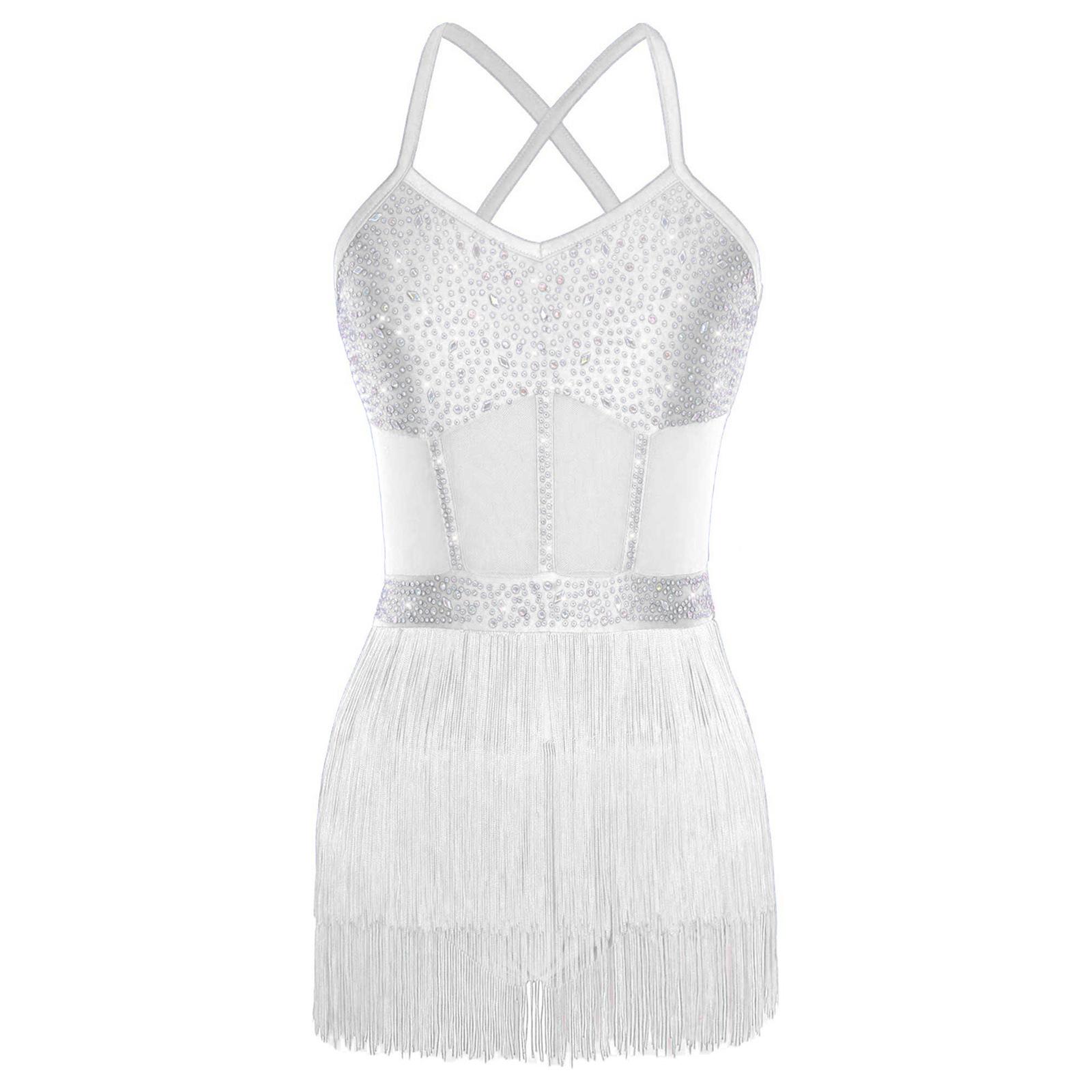 Damen Latein Tanzkleid Transparentes Netz Patchwork Strass Stufenfransen Einteiliger Body M weiß von Joom DACH