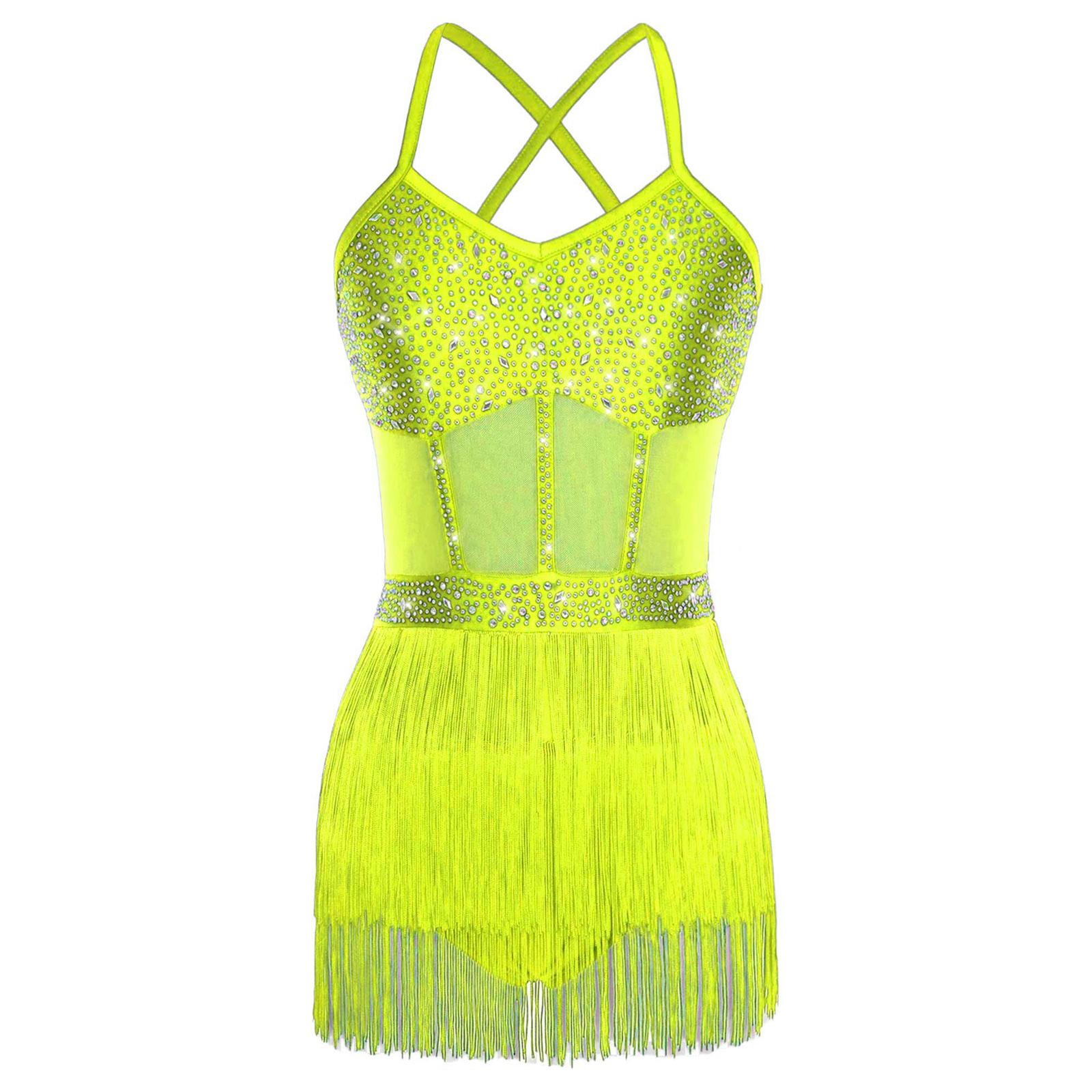 Damen Latein Tanzkleid Transparentes Netz Patchwork Strass Stufenfransen Einteiliger Body S von Joom DACH