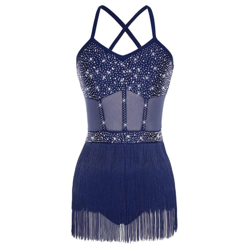 Damen Latein Tanzkleid Transparentes Netz Patchwork Strass Stufenfransen Einteiliger Body S navy blau von Joom DACH