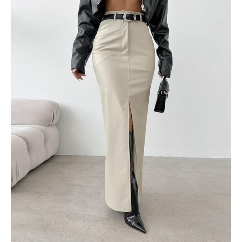 Damen Leder Design Schlitz Einfarbig Hochtailliert Schlichter Leder Slim Rock M weiß von Joom DACH