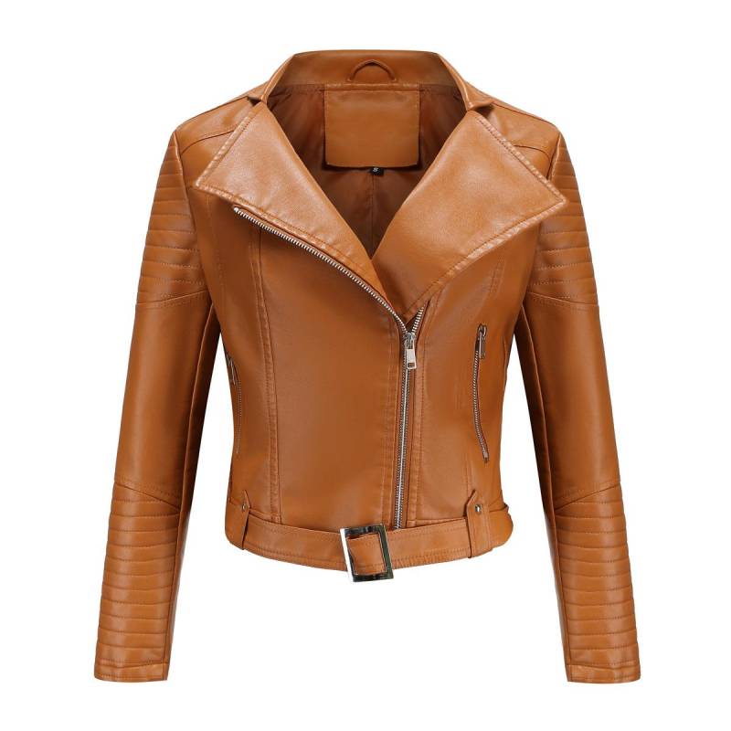 Damen Leder Langarm Reißverschluss Revers Gürtel Kurze Motorradjacke Herbst- und Winterjacke für Damen 3XL von Joom DACH