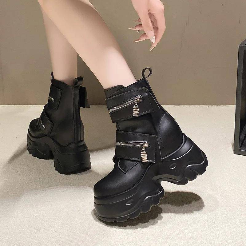 Damen Leder Stiefeletten Herbst Winter 9CM Absätze Klobige Sneakers Hohe Plateausohle Reißverschluss Motorrad Kurze Stiefel Frau Botas 36 schwarz von Joom DACH