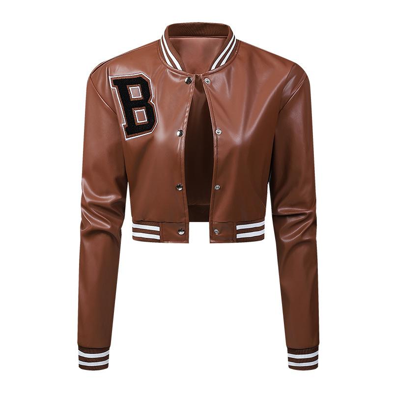 Damen-Lederjacke, schmal geschnittene Jacke, dünne Frühlings- und Herbstjacke, Damen-Motorradjacke, Baseball-Lederjacke mit hoher Taille L braun von Joom DACH