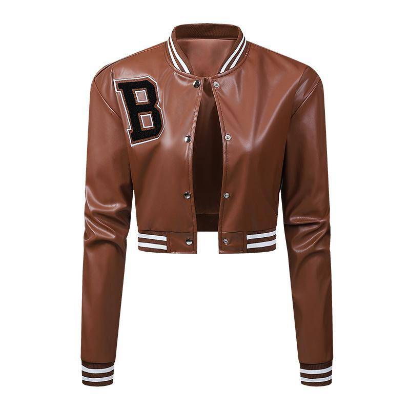 Damen-Lederjacke, schmal geschnittene Jacke, dünne Frühlings- und Herbstjacke, Damen-Motorradjacke, Baseball-Lederjacke mit hoher Taille L braun von Joom DACH