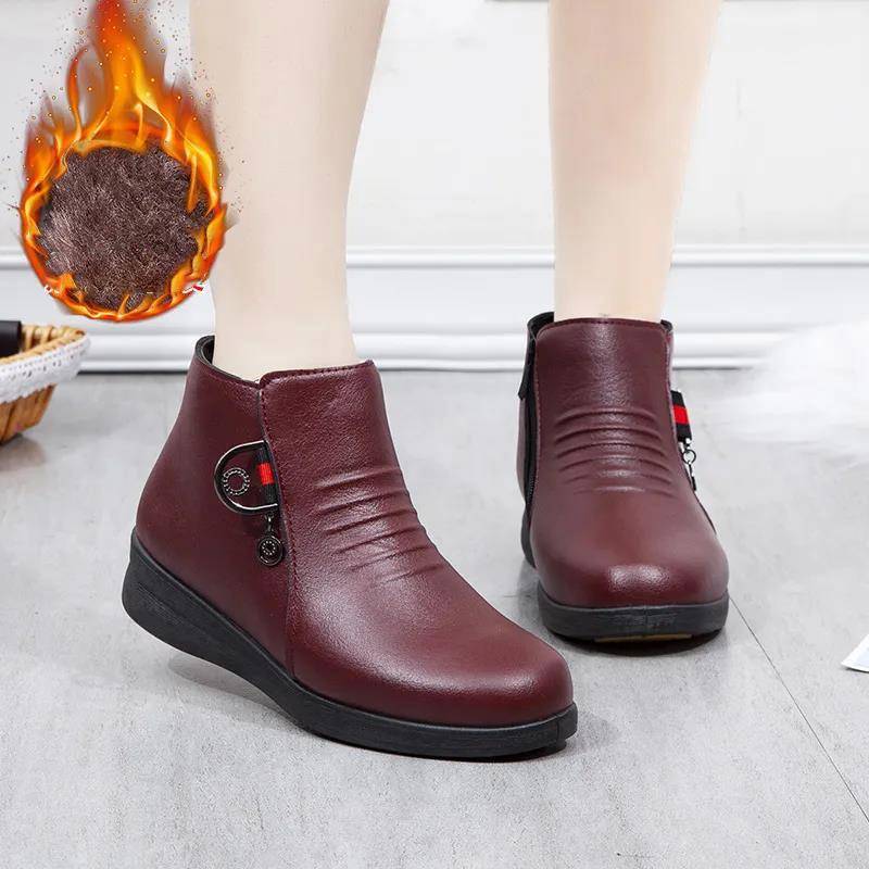 Damen Lederschuhe Winter Verdickte Flache Rutschfeste Mutter Baumwollschuhe Schneestiefel Plus Samt Kurze Stiefel 37 rot von Joom DACH