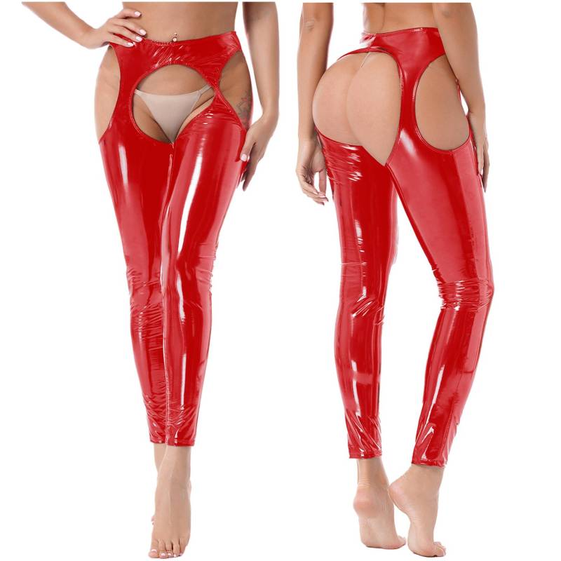 Damen-Leggings im Wet-Look, hohe Taille, Ausschnitt, ouvert, offener Po, Lackleder, schmale Hose, Clubwear M rot von Joom DACH