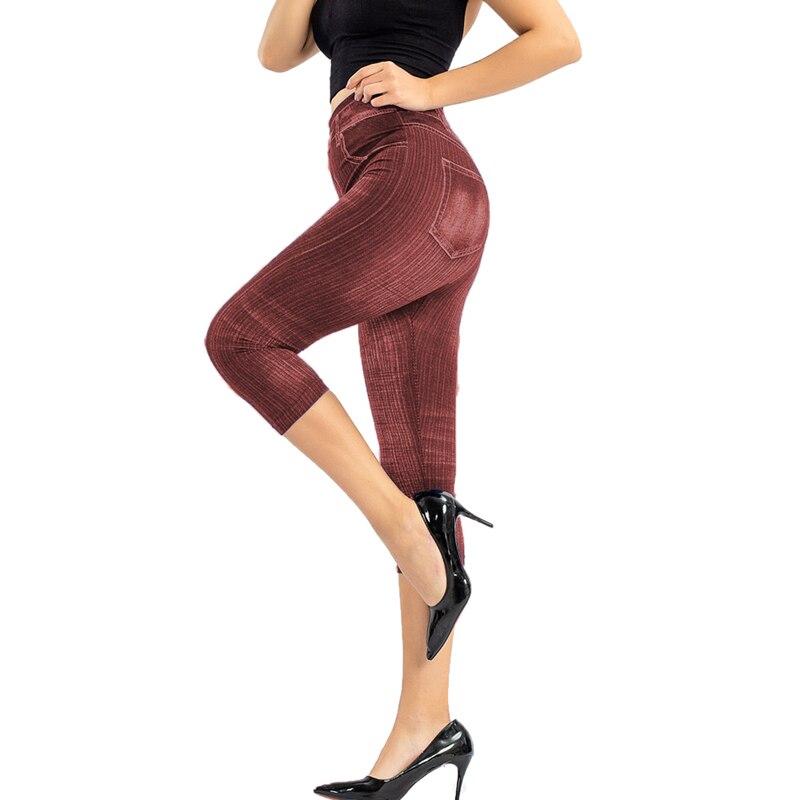 Damen-Leggings mit Denim-Aufdruck, modische schlanke Leggings, Faux-Jeans-Leggings, Stretch-bedruckte kurze Leggins-Hosen XL rot von Joom DACH