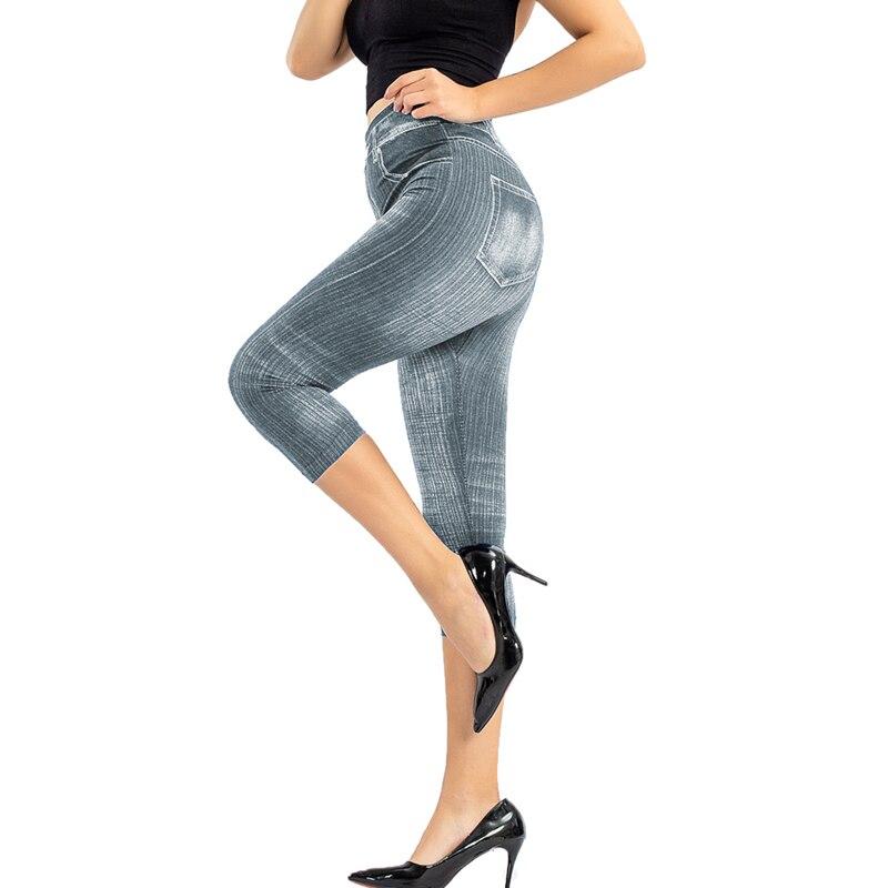 Damen-Leggings mit Denim-Aufdruck, modische schlanke Leggings, Faux-Jeans-Leggings, Stretch-bedruckte kurze Leggins-Hosen XXXL grau von Joom DACH