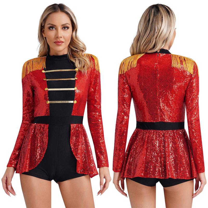 Damen Leotard Bodysuit mit Rock und langen Ärmeln, Zirkus-Ringmaster-Kleid, Mottoparty-Kostüm L rot von Joom DACH