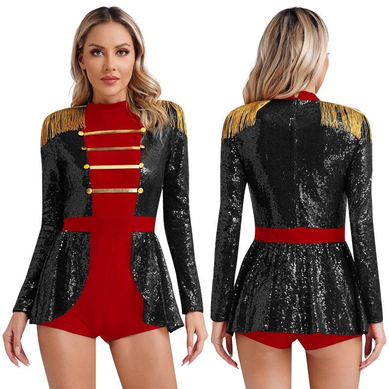 Damen Leotard Bodysuit mit Rock und langen Ärmeln, Zirkus-Ringmaster-Kleid, Mottoparty-Kostüm M schwarz von Joom DACH