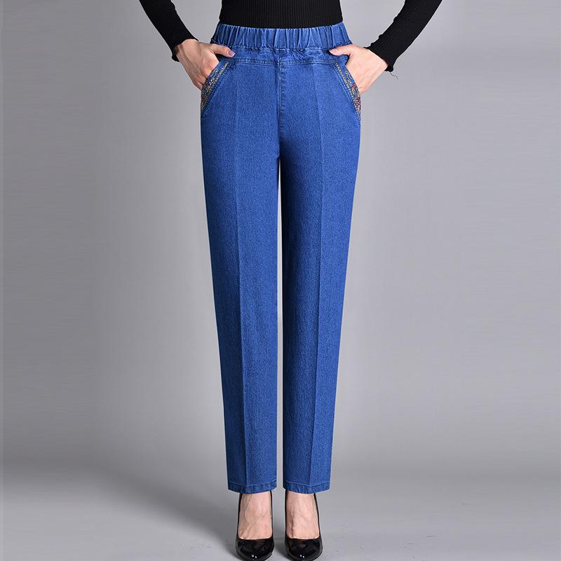 Damen Lockerer Elastischer Bund Stretch Mutterhose Frühling und Herbst Jeans Lässig Hohe Taille Mittelalterlich und Älter Plus Samt Dunkel Damen Hose XXXXXL von Joom DACH
