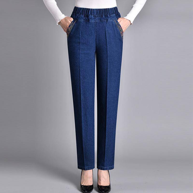 Damen Lockerer Elastischer Bund Stretch Mutterhose Frühling und Herbst Jeans Lässig Hohe Taille Mittelalterlich und Älter Plus Samt Dunkel Damen Hose XXXXXL von Joom DACH