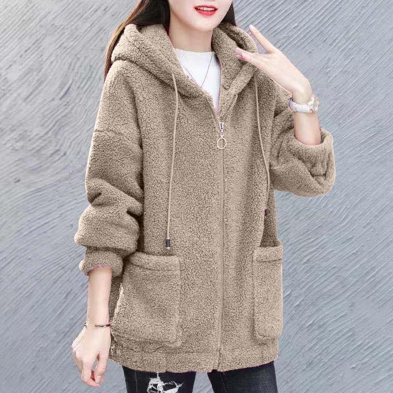 Damen Lockerer Koreanischer Lammfell-Jacke - 2025 Herbst/Winter Reißverschluss-Cardigan mit Plus-Fleece 3XL khaki von Joom DACH