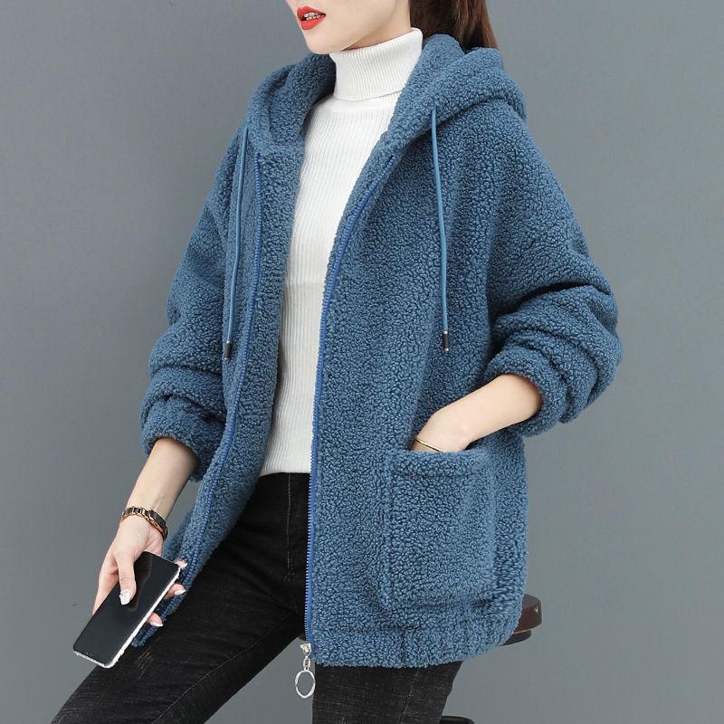 Damen Lockerer Koreanischer Lammfell-Jacke - 2025 Herbst/Winter Reißverschluss-Cardigan mit Plus-Fleece 5XL blau von Joom DACH