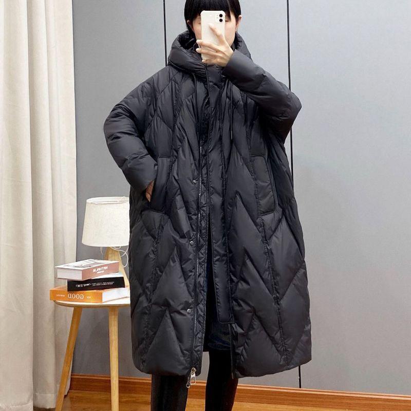 Damen Lockerer Langer Mantel Weiße Entendaunenjacke Damen Winter Damen Übermantel Winter Kapuzen-Pufferfederparkas XL schwarz von Joom DACH
