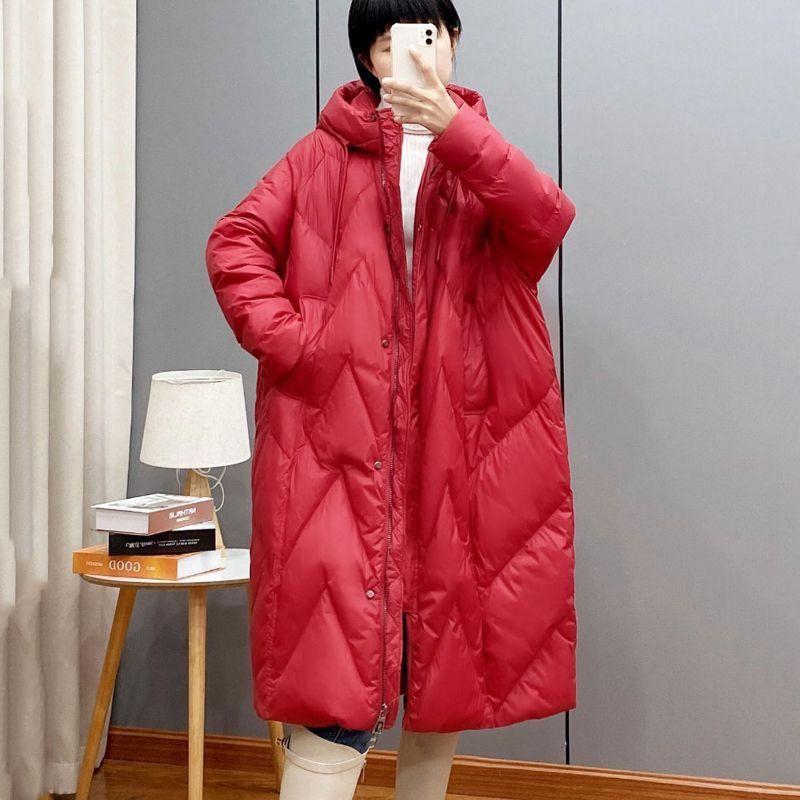 Damen Lockerer Langer Mantel Weiße Entendaunenjacke Damen Winter Damen Übermantel Winter Kapuzen-Pufferfederparkas XL rot von Joom DACH